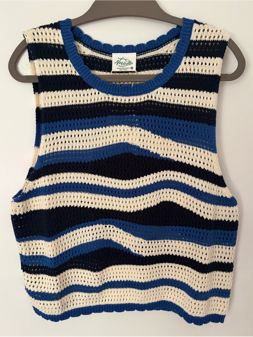 Very J Wavy Crochet Striped Sweater Tank Top Navy Cream - Large